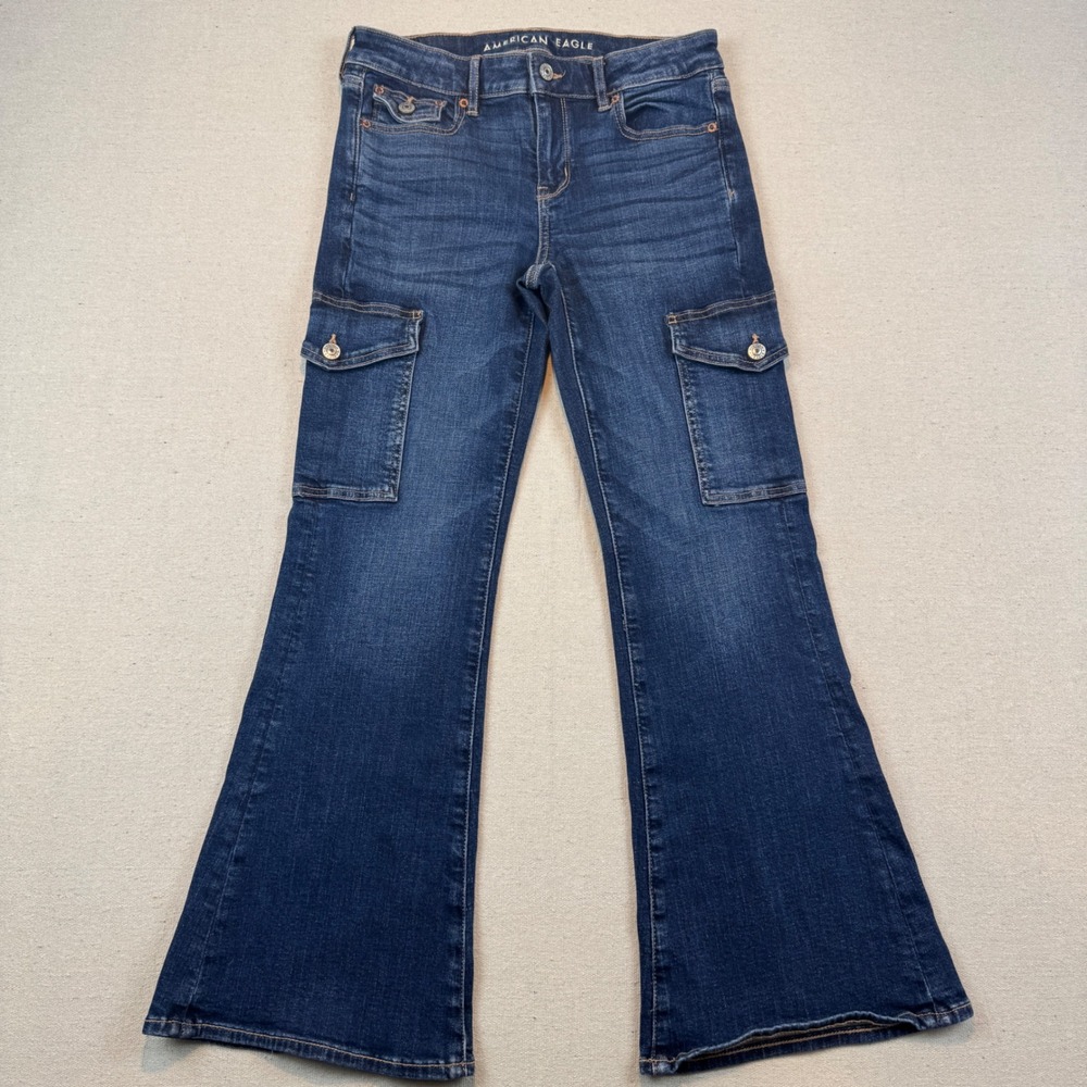 American Eagle 4 Short Cargo Jeans Women Blue Low Rise Flare Dark Wash